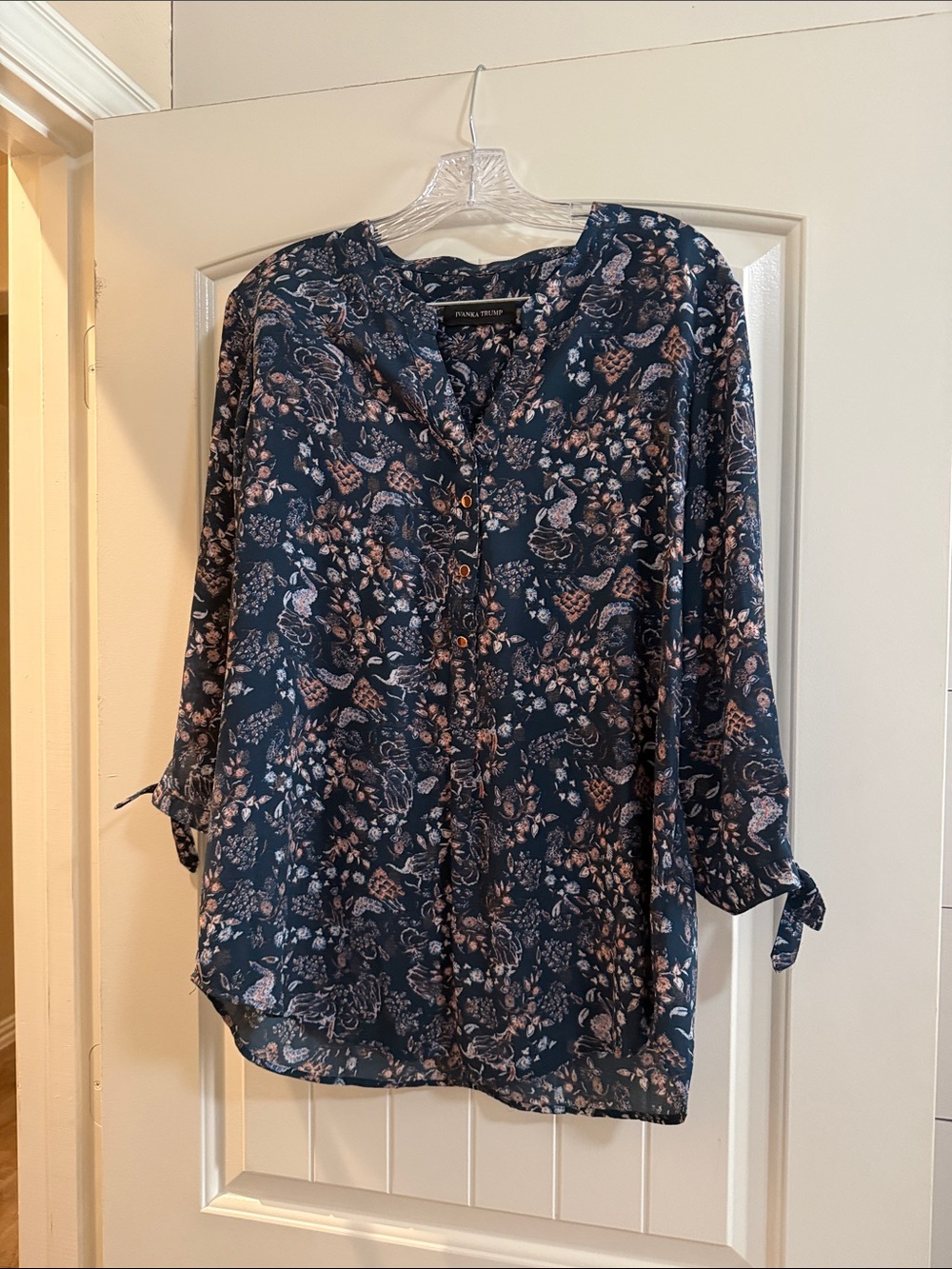 Ivanka Trump Dark Navy Floral Button-Front Blouse